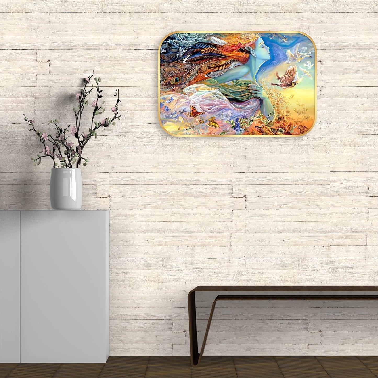 Indianara Fantasy Nature Wall Art, Digital Print with Beautiful Woman Feathers and Butterflies Design, Gold Frame, 45 x 30 cm