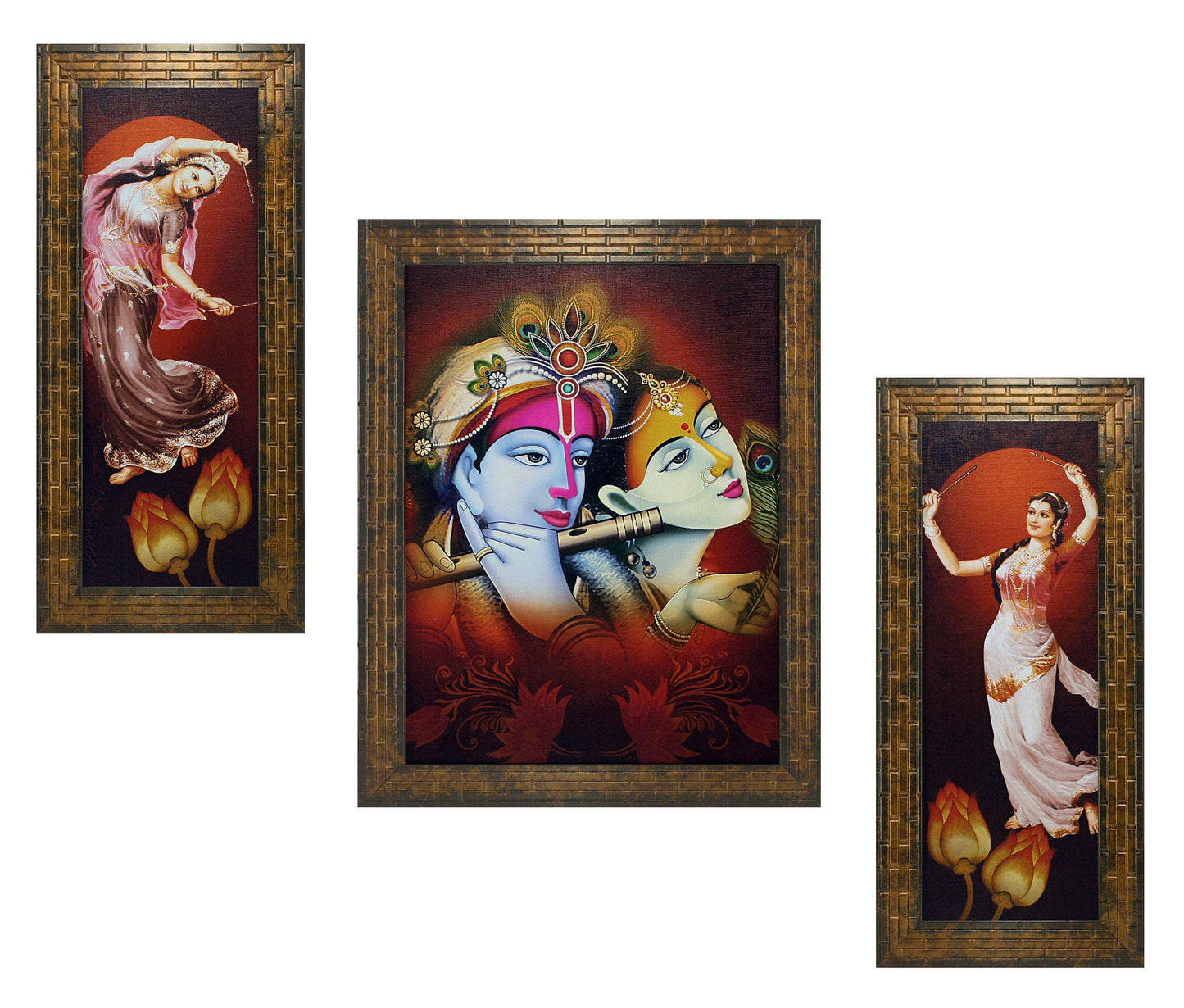 Indianara 3 Pc Set of Radha Krishna Paintings Without Glass 5.2 X 12.5, 9.5 X 12.5, 5.2 X 12.5 Inch-Multicolour