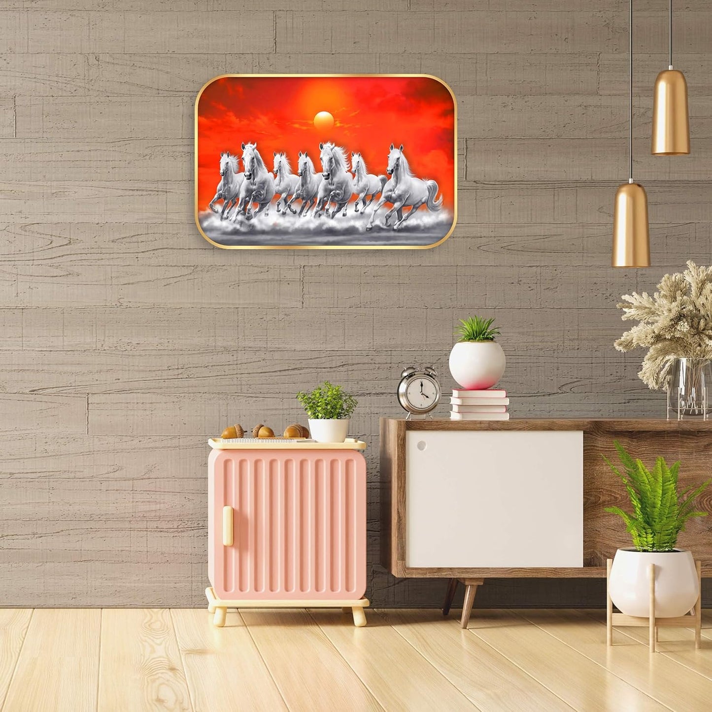 Indianara Seven Running White Horses Wall Art, Gold Frame, Night Scene with Purple Flowers, 45 x 30 cm (10929)