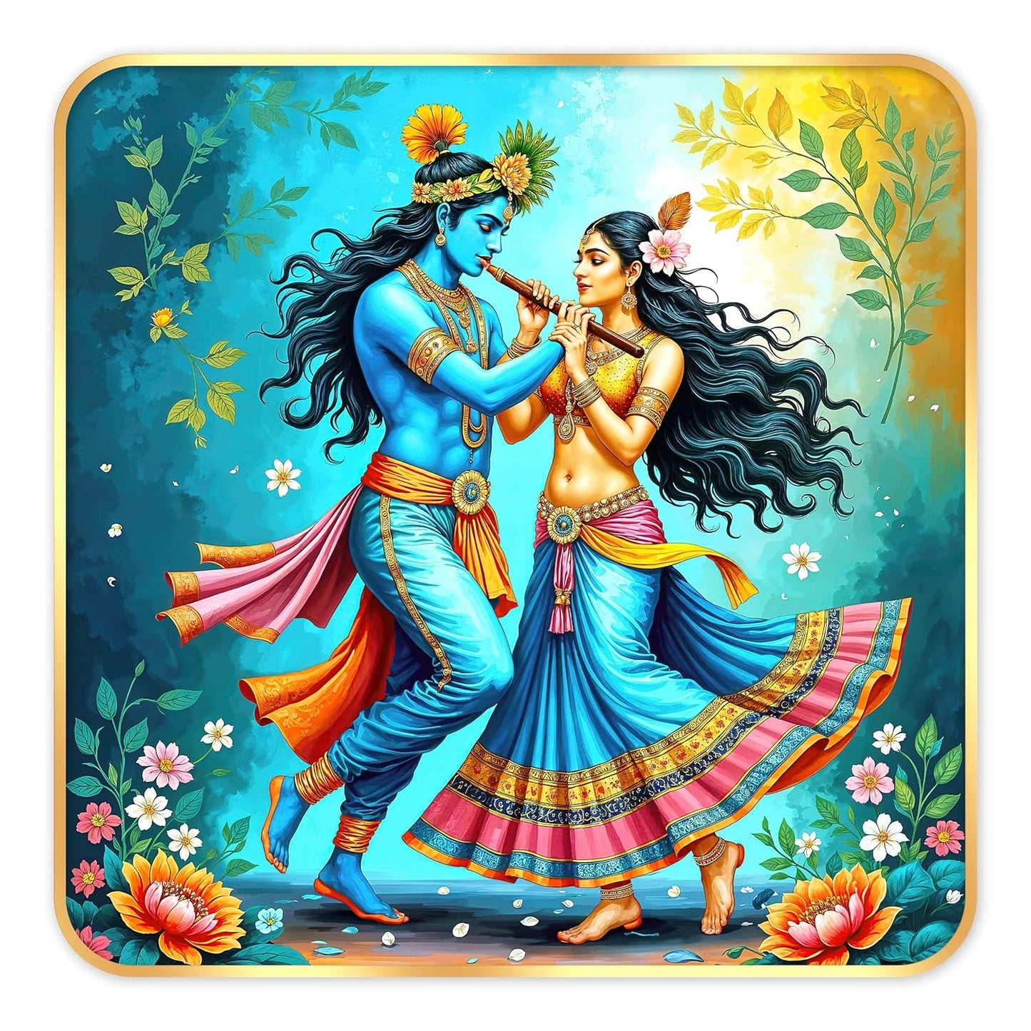 Indianara Traditional Radha Krishna Art Print, Golden Frame, Premium Sparkle Lamination, 40 cm x 40 cm (6674)