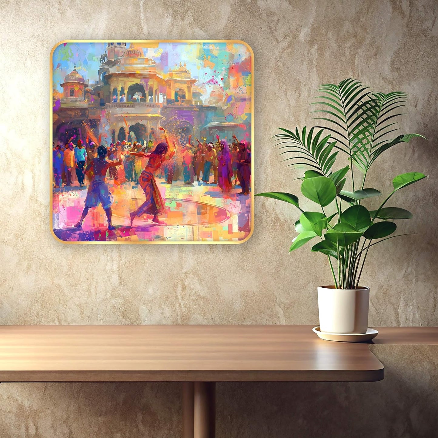 Indianara Beautiful Ancient Indian Holi Celebration Art Print with Golden Frame, Traditional Portrait, 40 cm x 40 cm, Premium Sparkle Lamination