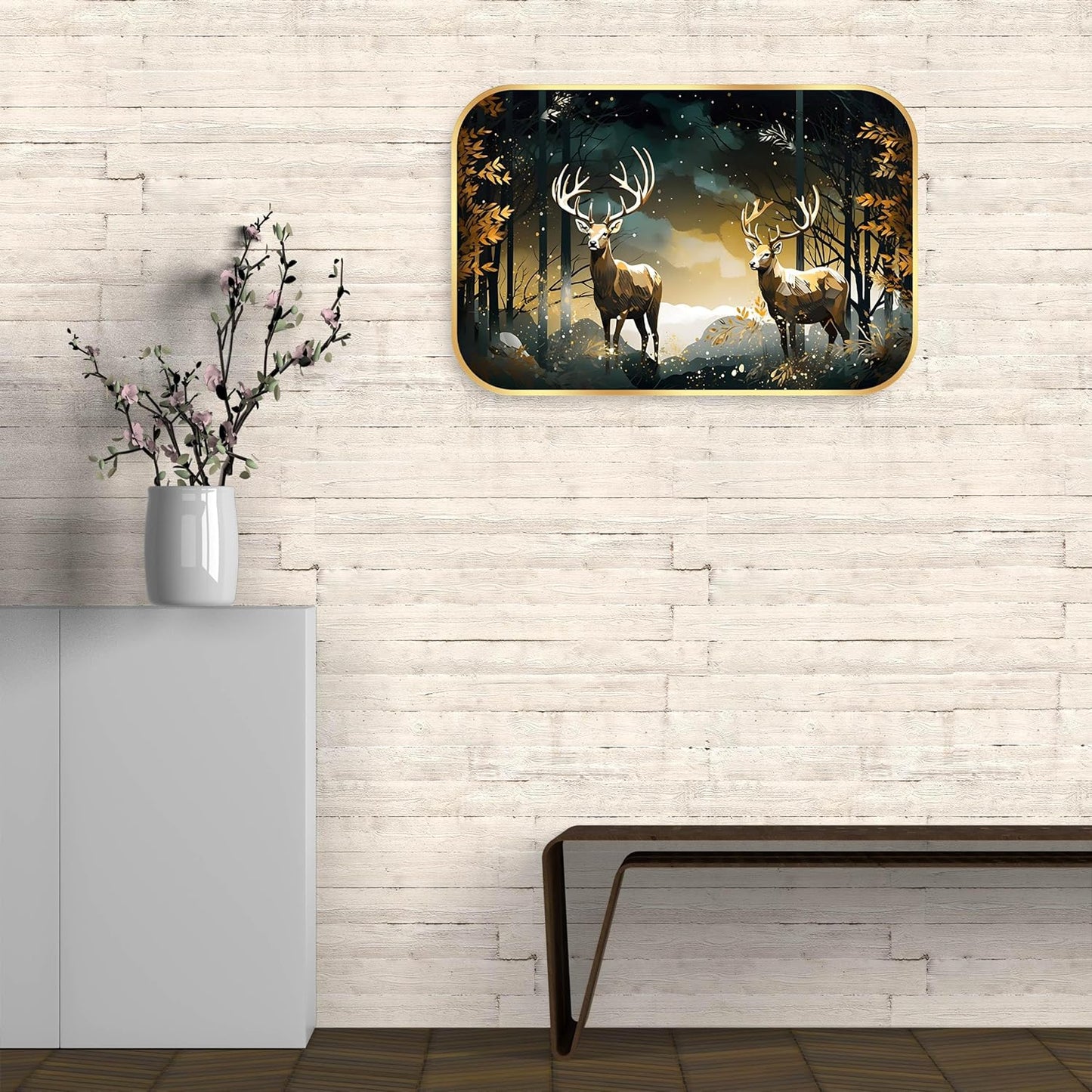 Indianara Whitetail Deer Forest Scene Wall Art, Golden Frame, Digital Print with Matte Finish, 45 x 30 cm