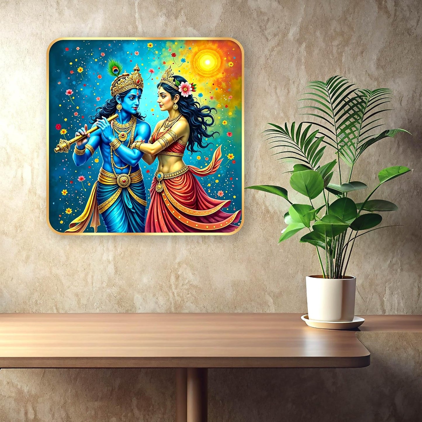 Indianara Traditional Radha Krishna Art Print, Golden Frame with Premium Sparkle Lamination, 40 cm x 40 cm (6673)