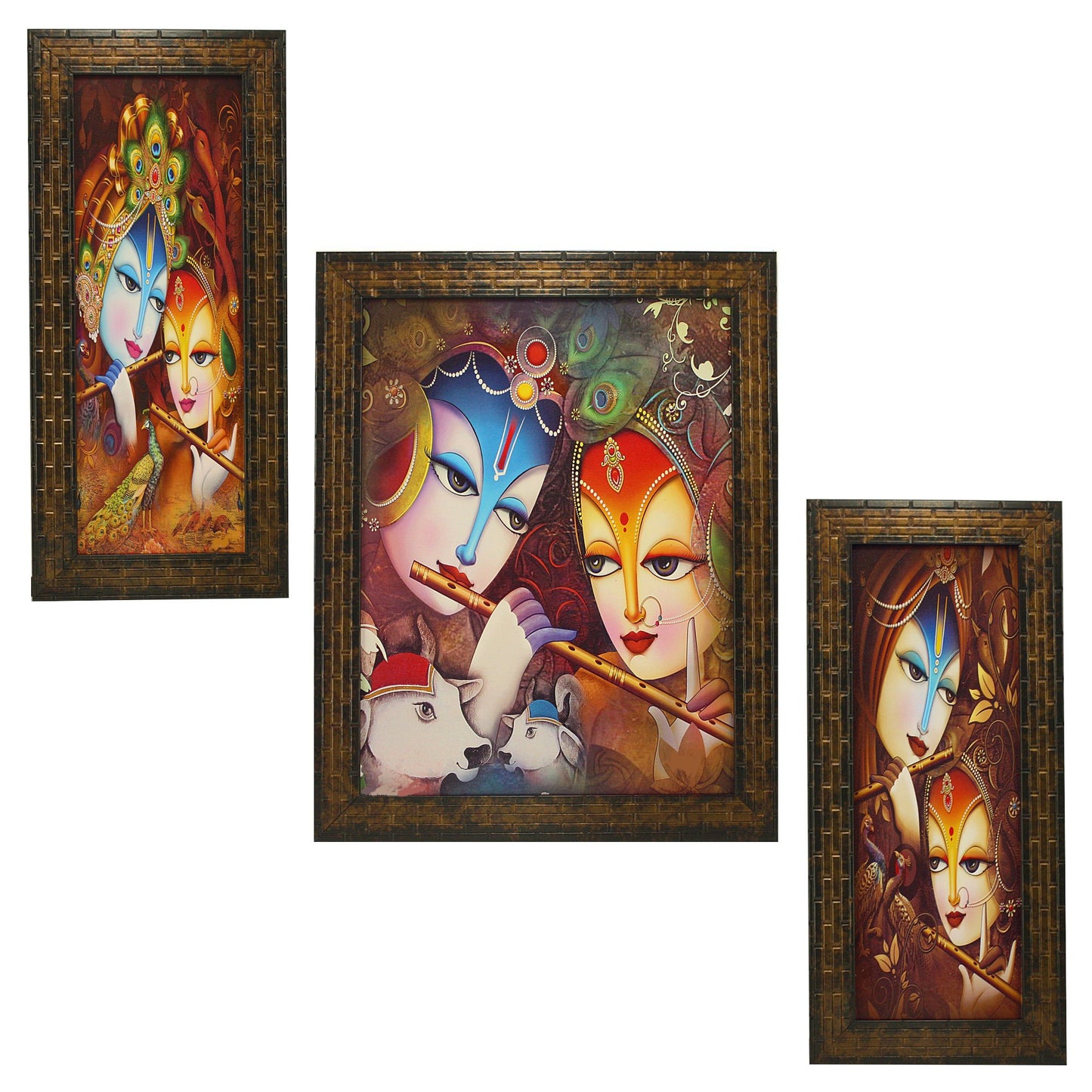 Indianara 3 PC Set of Radha Krishna Art Paintings (1170) Without Glass 5.2 X 12.5, 9.5 X 12.5, 5.2 X 12.5 inch(multicolor1170)