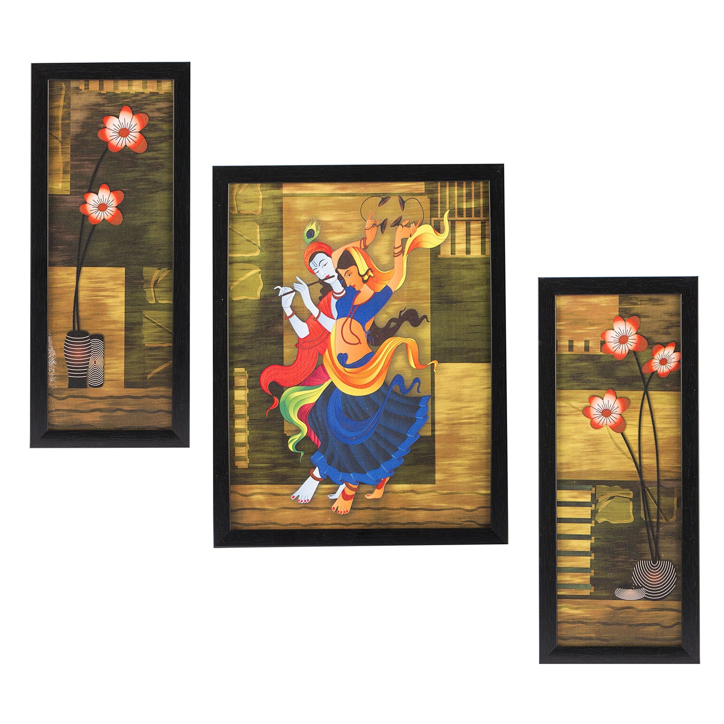 Indianara 3 Pc Set of Radha Krishna Paintings Without Glass 5.2 X 12.5, 9.5 X 12.5, 5.2 X 12.5 Inch-Multicolour