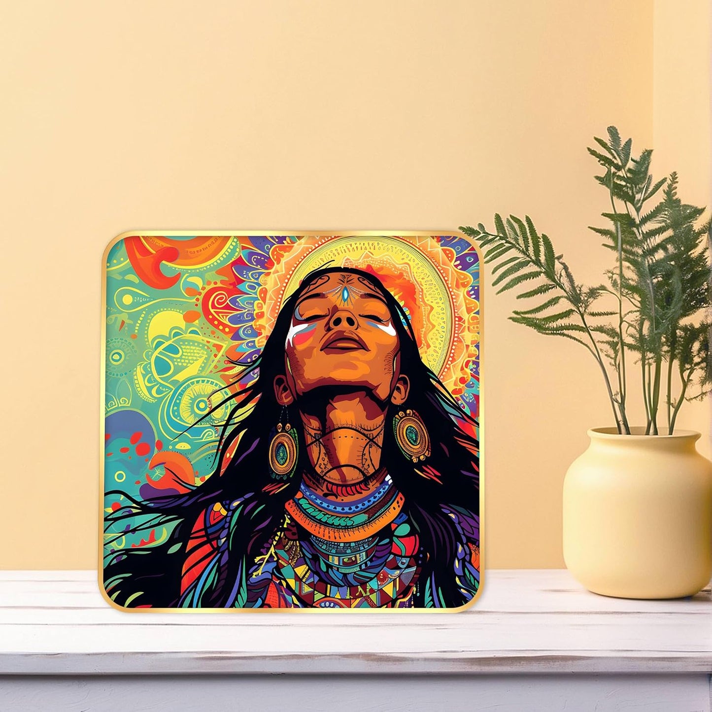 Indianara Tribal Art Wall Painting, Modern Design, Golden Frame, 40 cm x 40 cm, Premium Sparkle Lamination