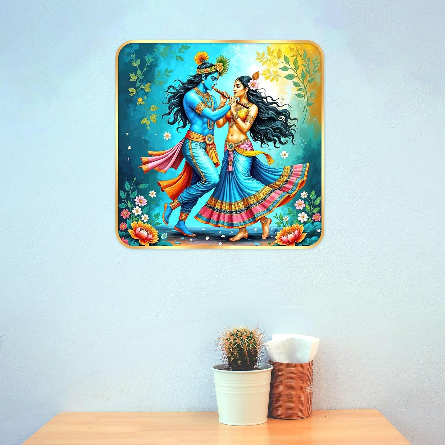 Indianara Traditional Radha Krishna Art Print, Golden Frame, Premium Sparkle Lamination, 40 cm x 40 cm (6674)