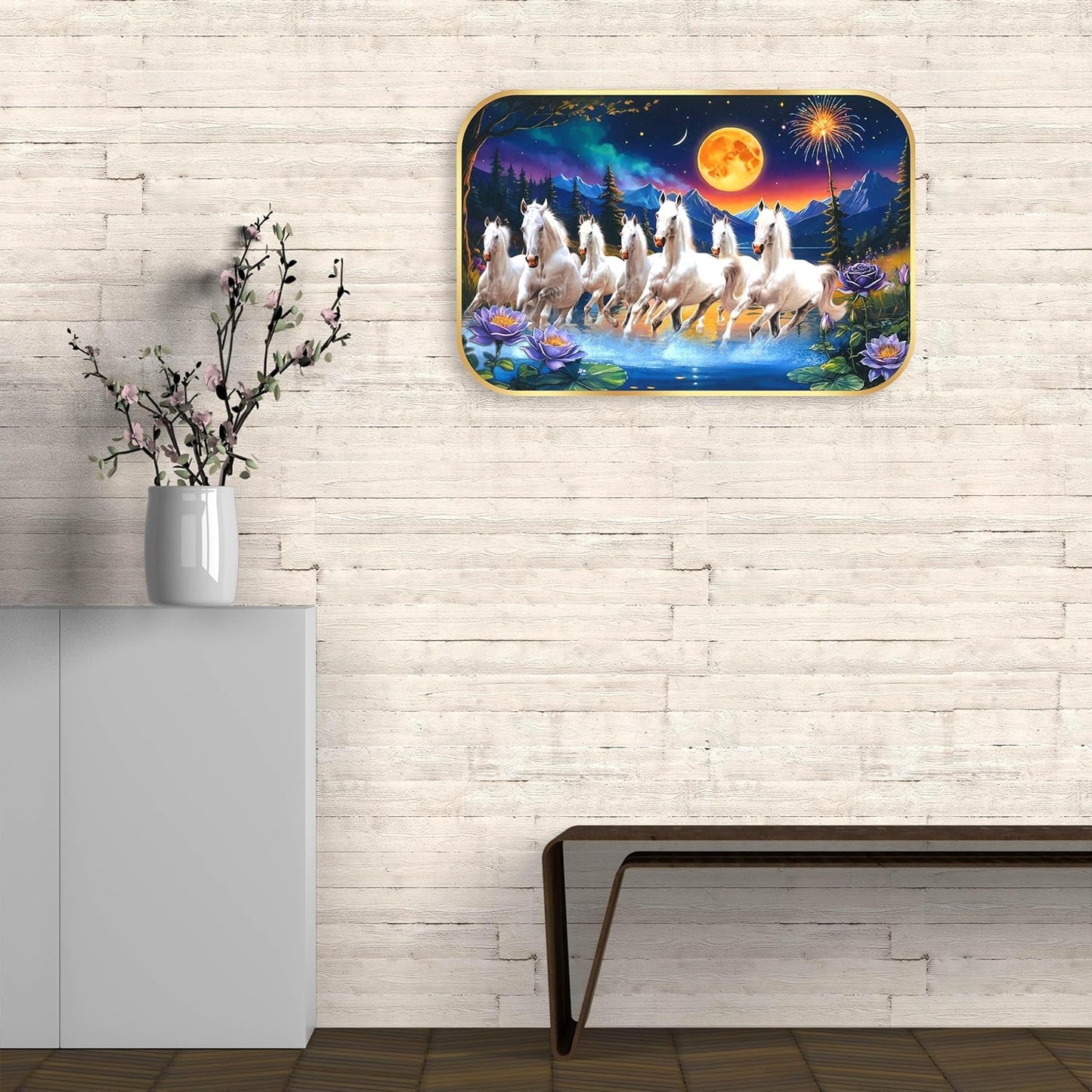 Indianara Seven Running White Horses Wall Art, Gold Frame, picturesque Scene, 45 x 30 cm (10905)