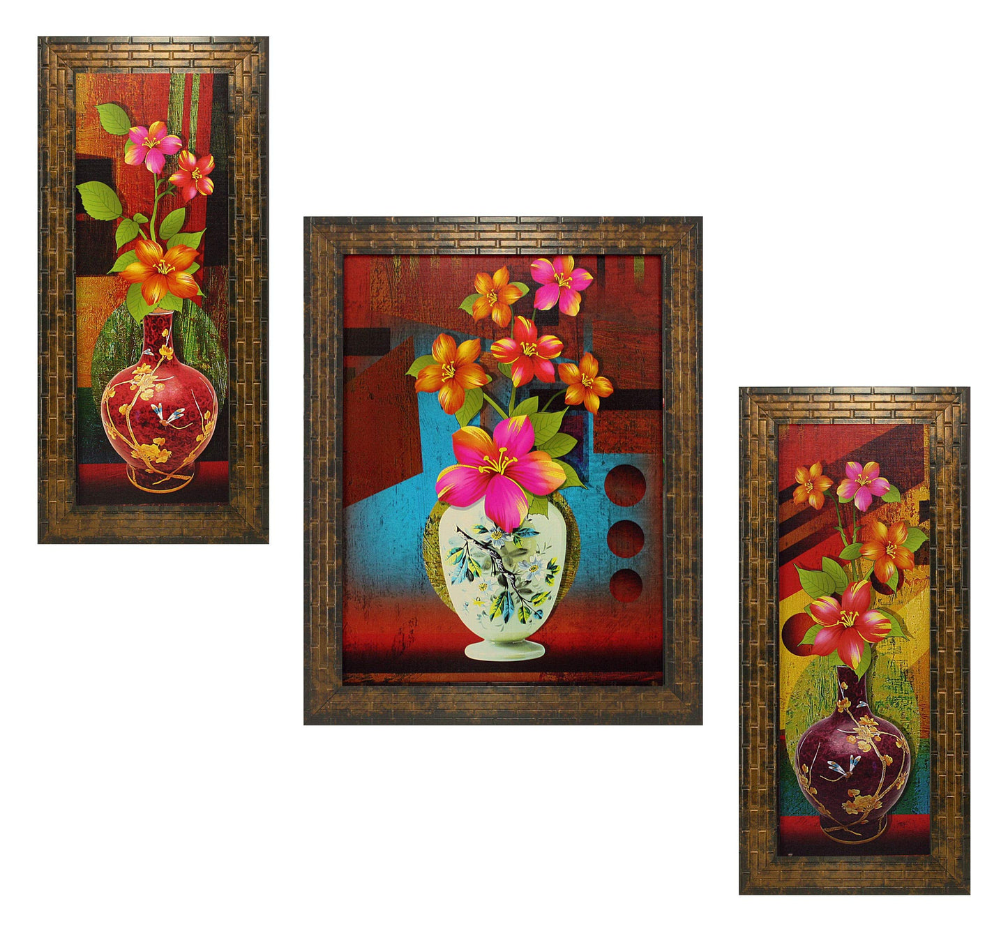 Indianara 3 Pc Set Of Still Life Paintings Without Glass 5.2 X 12.5, 9.5 X 12.5, 5.2 X 12.5 Inch (6 X 13, 10.2 X 13, 6 X 13 INCH, Brown)