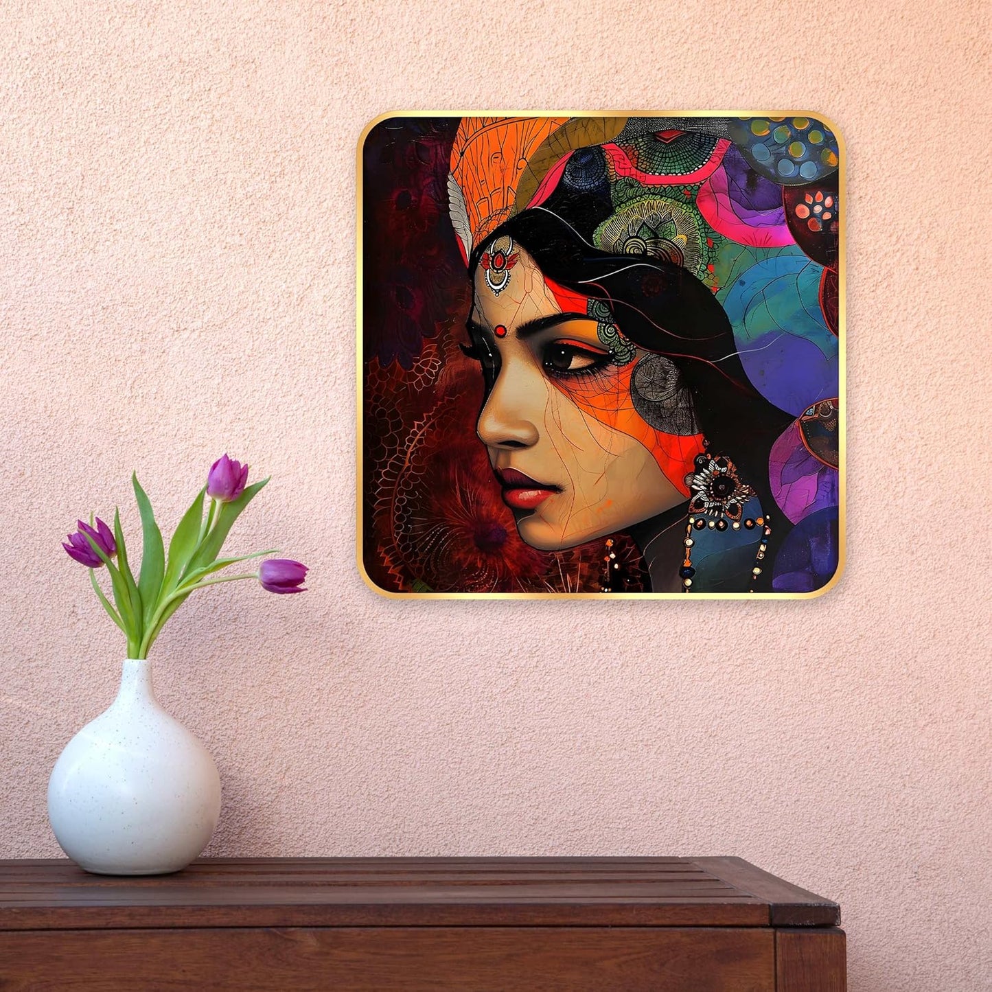 Indianara Beautiful Indian Woman Art Print with Golden Frame, Traditional Portrait, 40 cm x 40 cm, Premium Sparkle Lamination (6611)