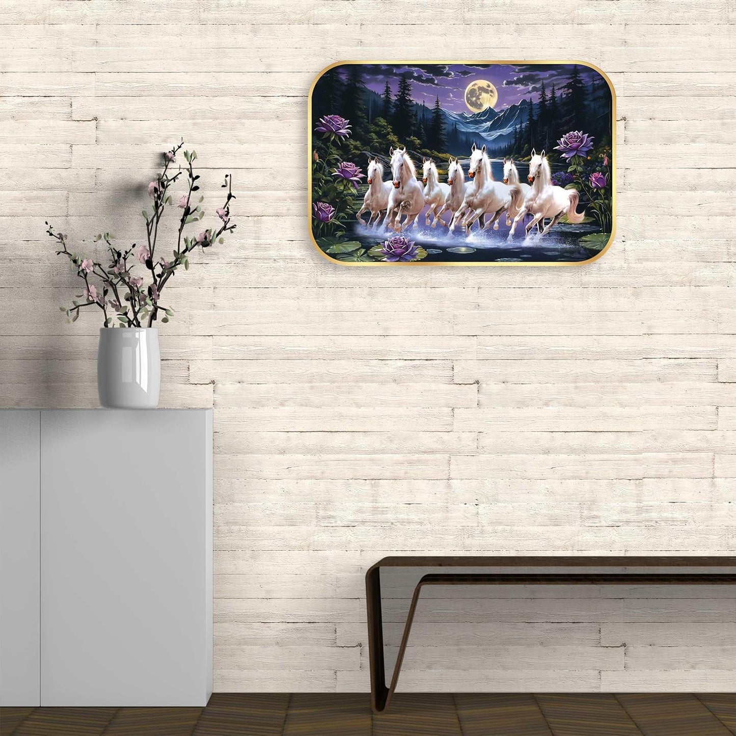Indianara Seven Running White Horses Wall Art, Gold Frame, picturesque Scene, 45 x 30 cm