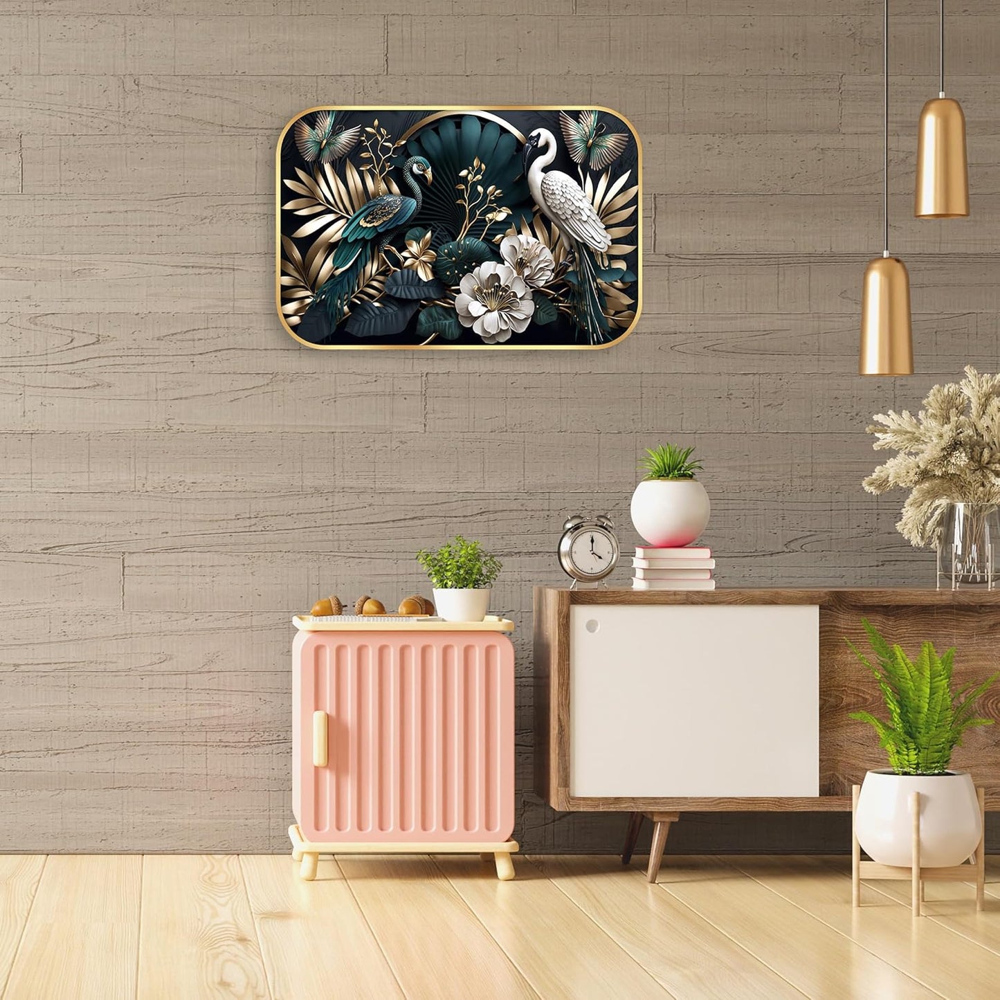 Indianara Luxury Wall Art, Peacock and Crane with Golden Foliage, Digital Print with Gold Frame, 45 x 30 cm, Black