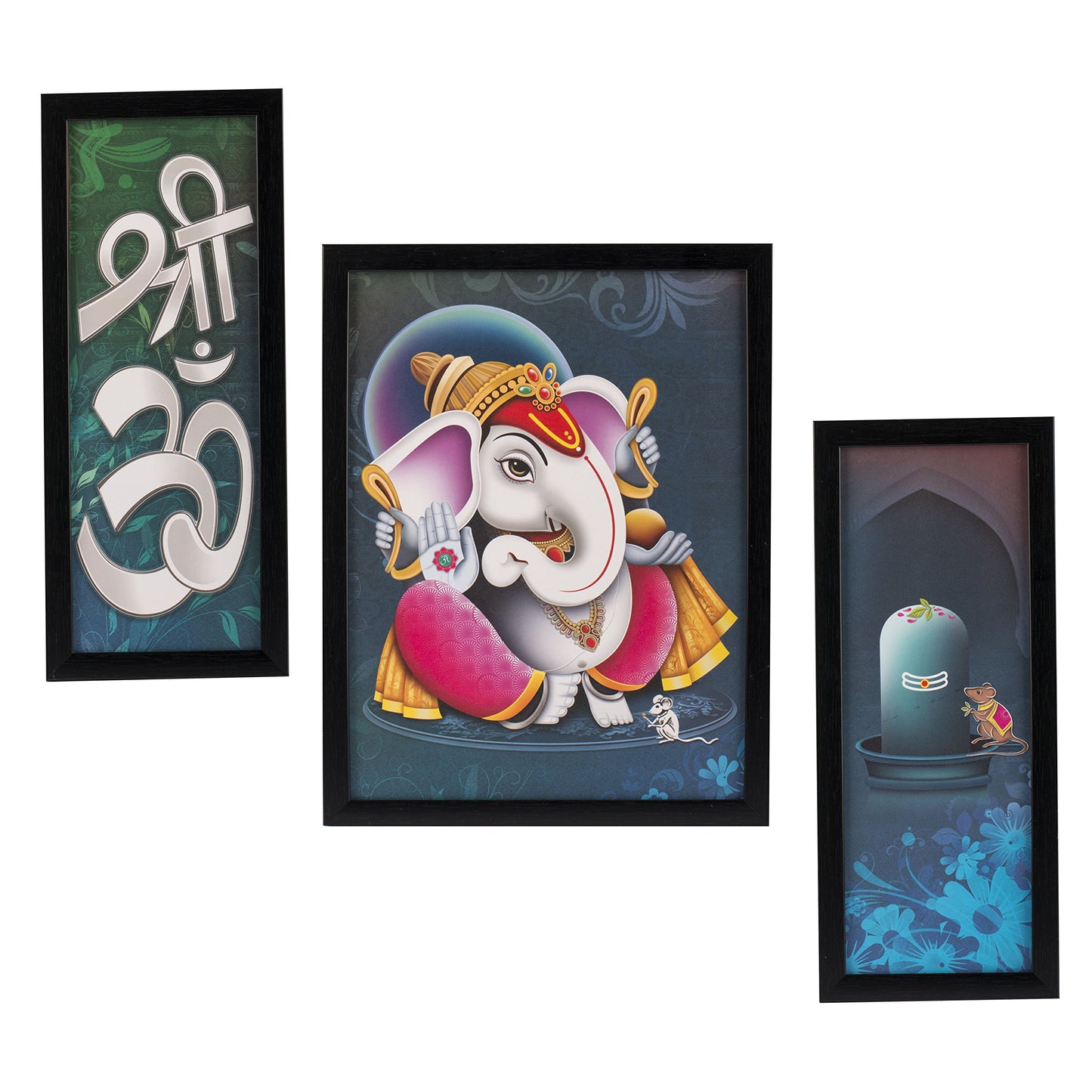 Indianara 3 PC Set of Lord Ganesha Paintings (1164) Without Glass 5.2 X 12.5, 9.5 X 12.5, 5.2 X 12.5 INCH-Multicolour