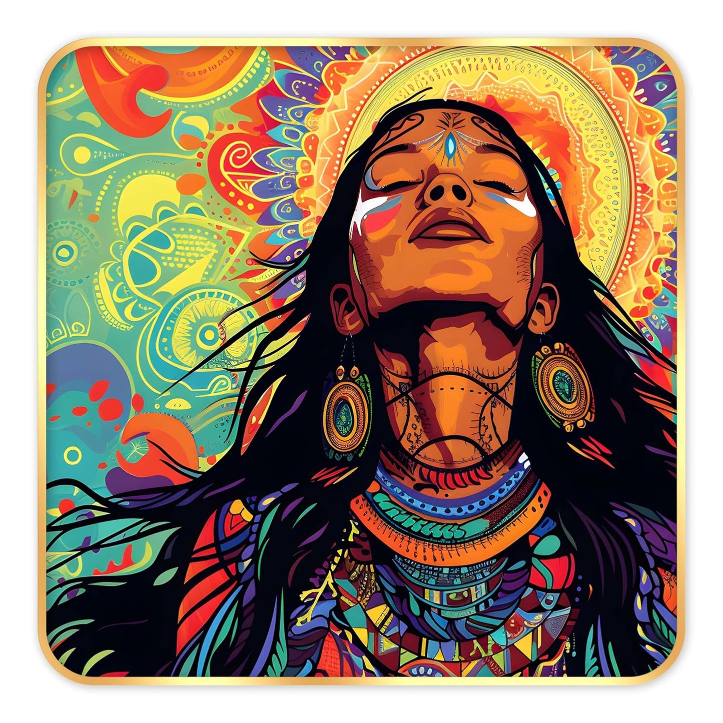 Indianara Tribal Art Wall Painting, Modern Design, Golden Frame, 40 cm x 40 cm, Premium Sparkle Lamination