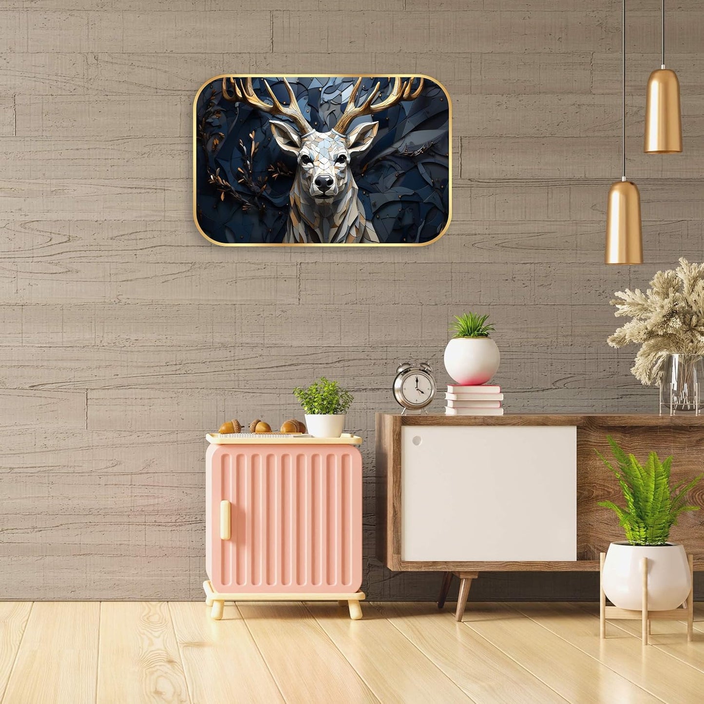 Indianara 3D Geometric Deer Wall Art, Gold Frame, 45 x 30 cm, Digital Print, Modern Design