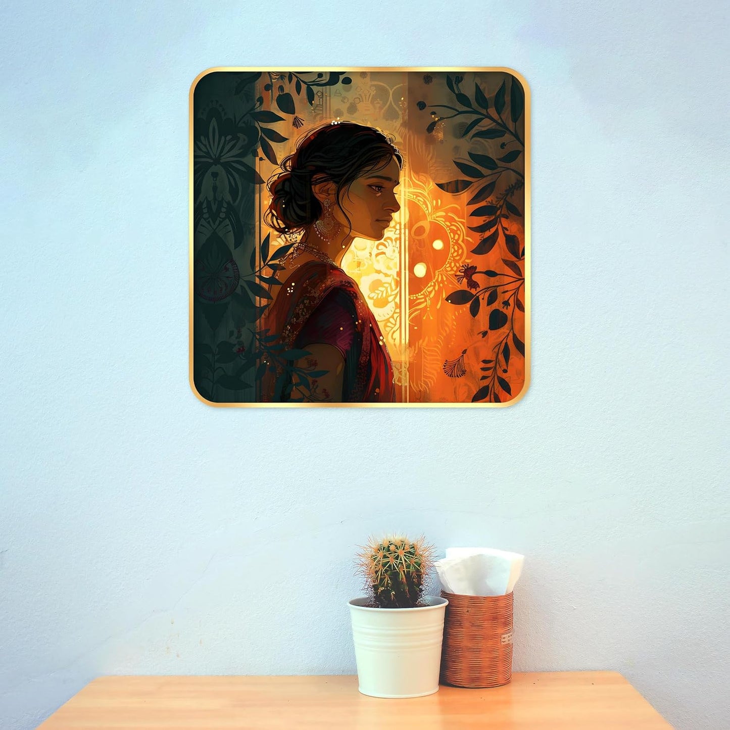Indianara Beautiful Indian Woman Art Print with Golden Frame, Traditional Portrait, 40 cm x 40 cm, Premium Sparkle Lamination