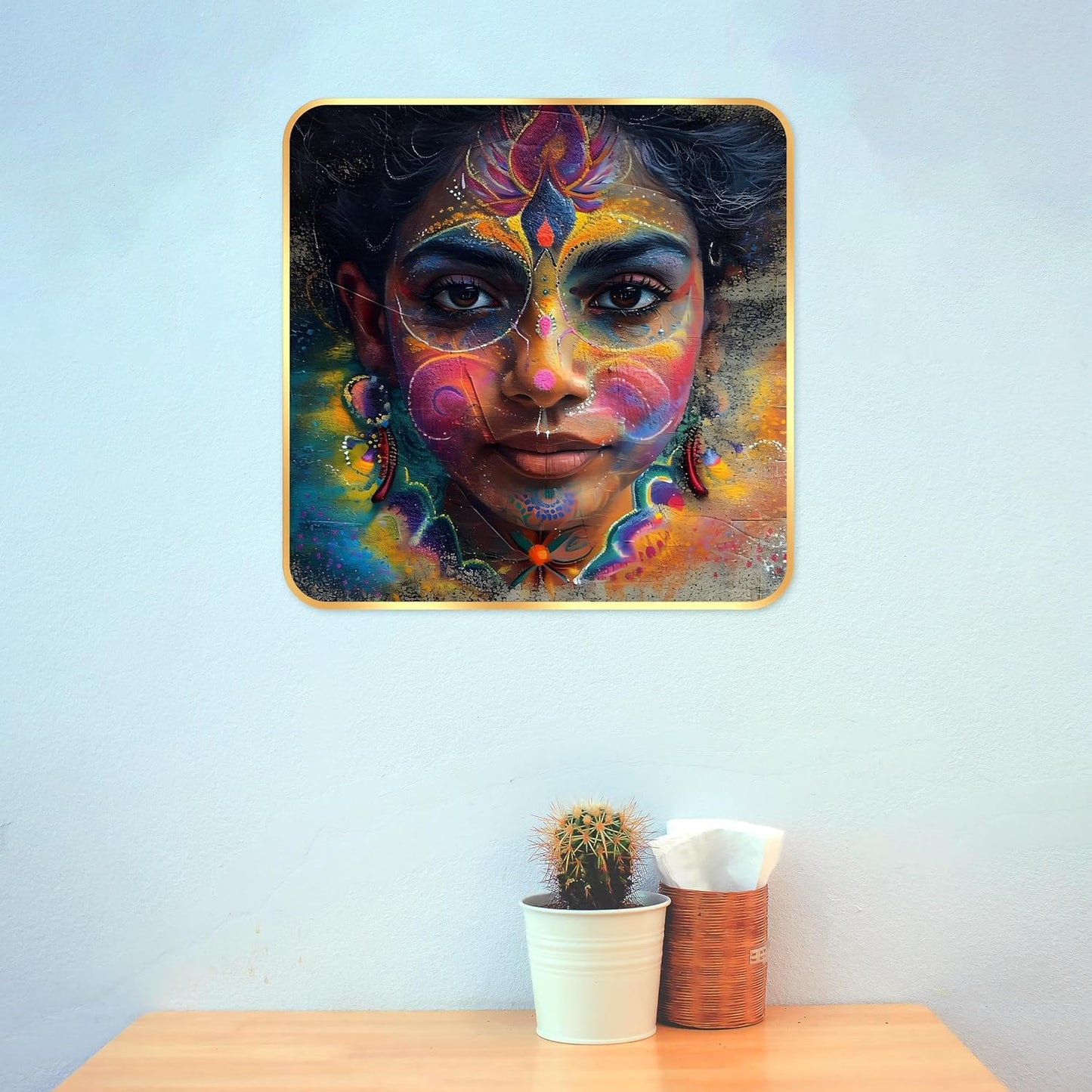 Indianara Beautiful Indian Woman Art Print with Golden Frame, Traditional Portrait, 40 cm x 40 cm, Premium Sparkle Lamination (6605)