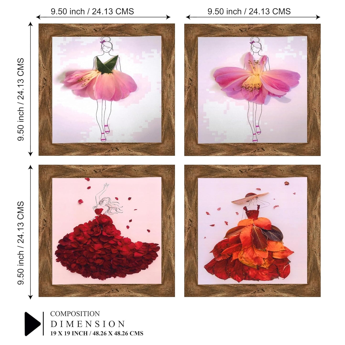 Indianara Fashion Wall Art Print Set, 4 Pieces Floral Dress Designs, 24.13 x 24.13 cm Each, Walnut Frames (6525 WNT)