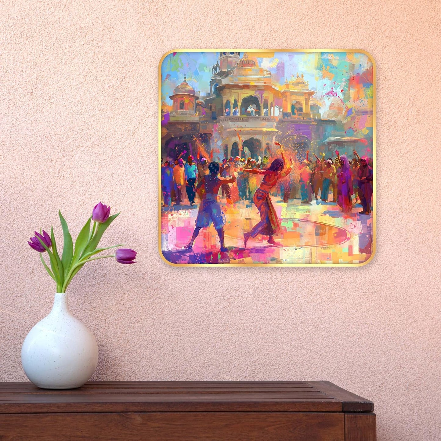 Indianara Beautiful Ancient Indian Holi Celebration Art Print with Golden Frame, Traditional Portrait, 40 cm x 40 cm, Premium Sparkle Lamination