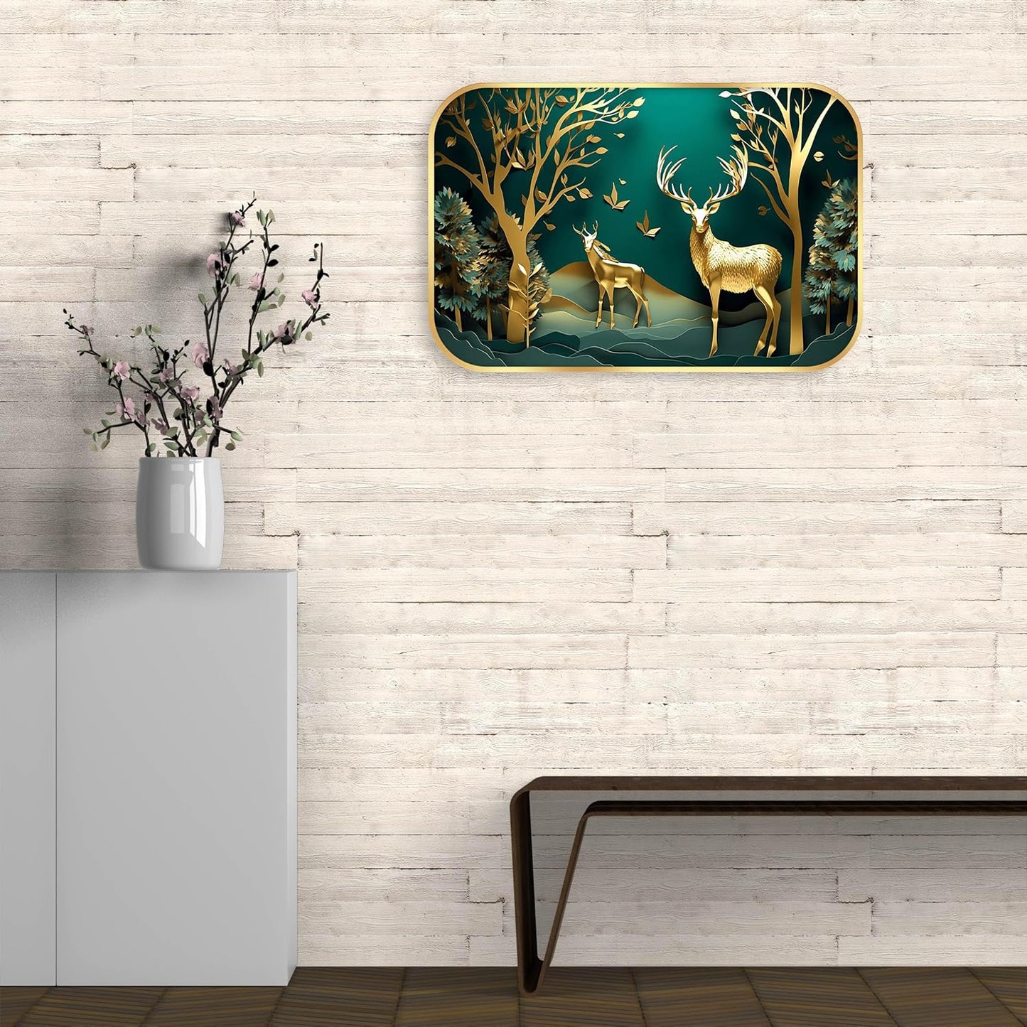 Indianara Golden Deer Forest Wall Art, Digital Print with Gold Frame, 45 x 30 cm, Emerald Green