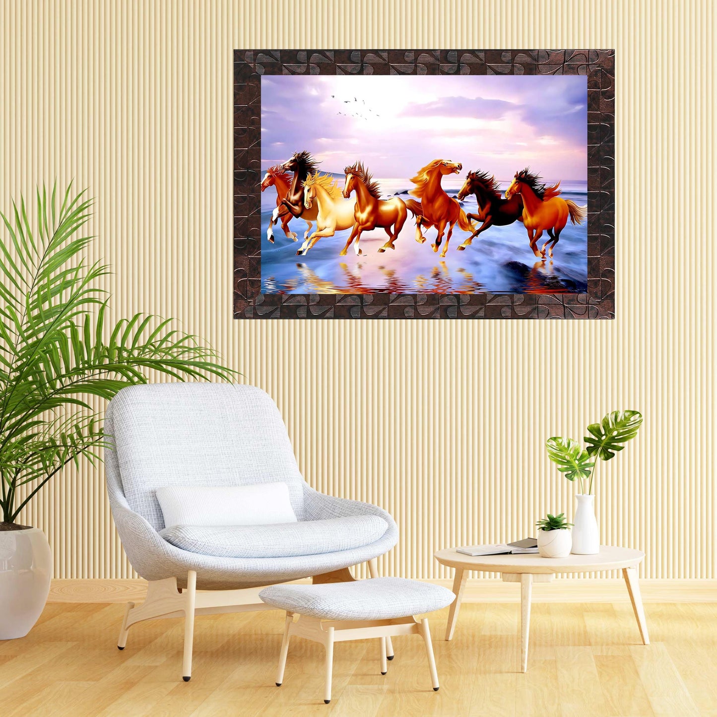 Indianara Vastu Running Seven Horse Painting With Frame 18 Inches X 12 Inches (Style1)