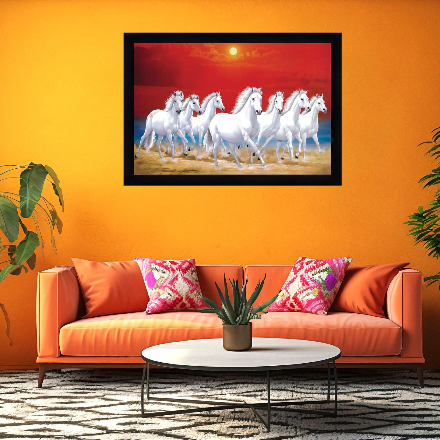 Indianara Vastu Running Seven Horse Painting With Frame 18 Inches X 12 Inches (Style1)