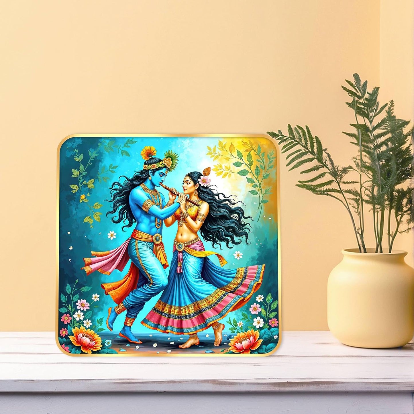 Indianara Traditional Radha Krishna Art Print, Golden Frame, Premium Sparkle Lamination, 40 cm x 40 cm (6674)