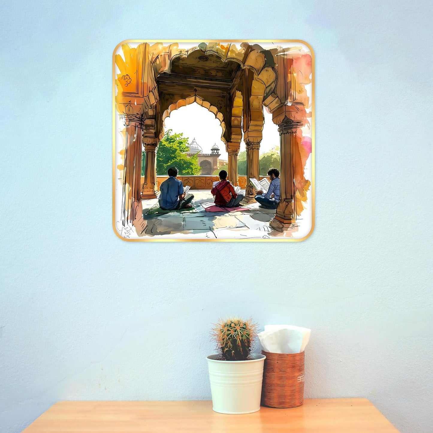 Indianara Traditional Indian Art Wall Painting, Architectural Scene, Premium Sparkle Lamination, Golden Frame, 40 cm x 40 cm (6603)