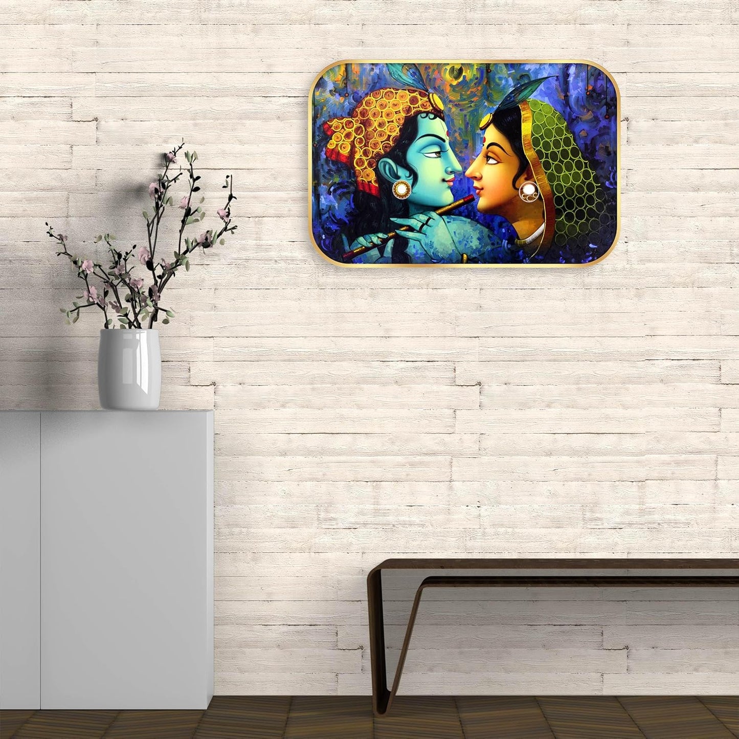 Indianara Traditional Radha Krishna Art Print, Golden Frame, Premium Lamination, 45 cm x 30 cm