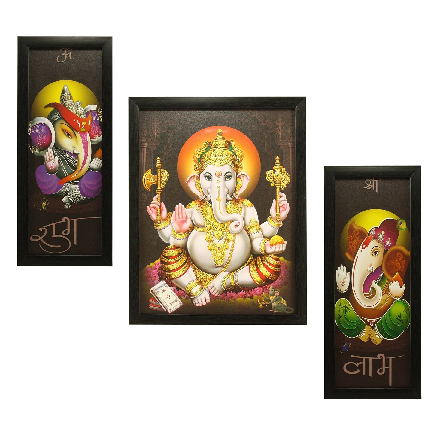 Indianara 3 PC Set of Lord Ganesha Paintings (1164) Without Glass 5.2 X 12.5, 9.5 X 12.5, 5.2 X 12.5 INCH-Multicolour