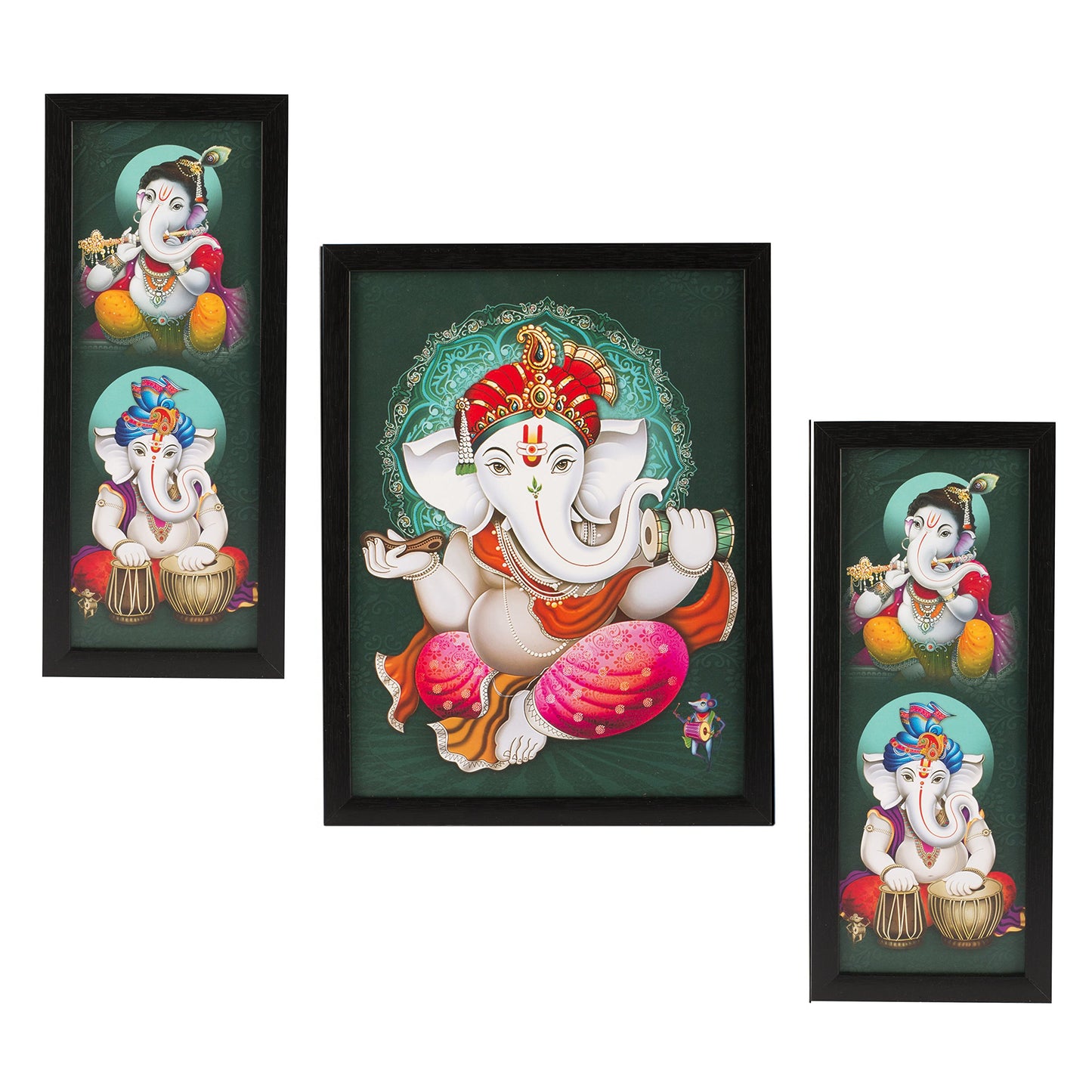 Indianara 3 PC Set of Lord Ganesha Paintings (1164) Without Glass 5.2 X 12.5, 9.5 X 12.5, 5.2 X 12.5 INCH-Multicolour