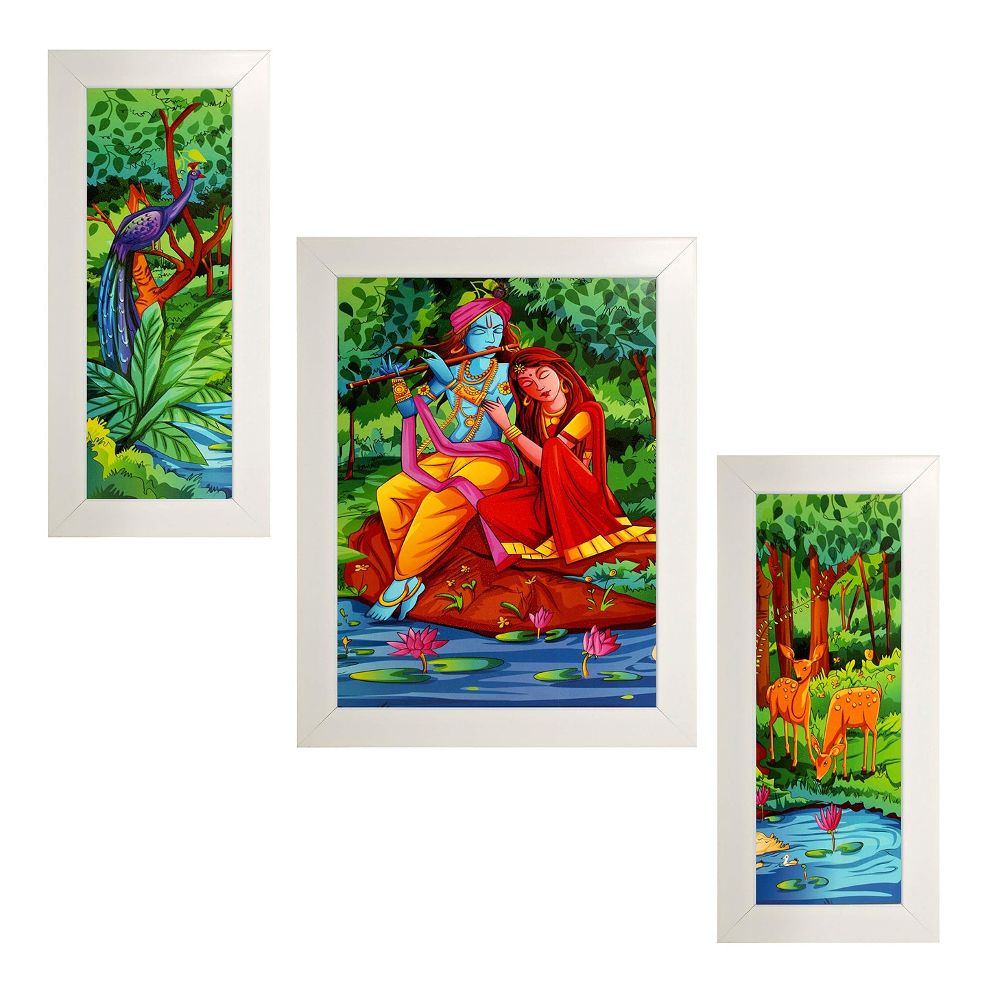 Indianara 3 Pc Set of Radha Krishna Paintings Without Glass 5.2 X 12.5, 9.5 X 12.5, 5.2 X 12.5 Inch-Multicolour