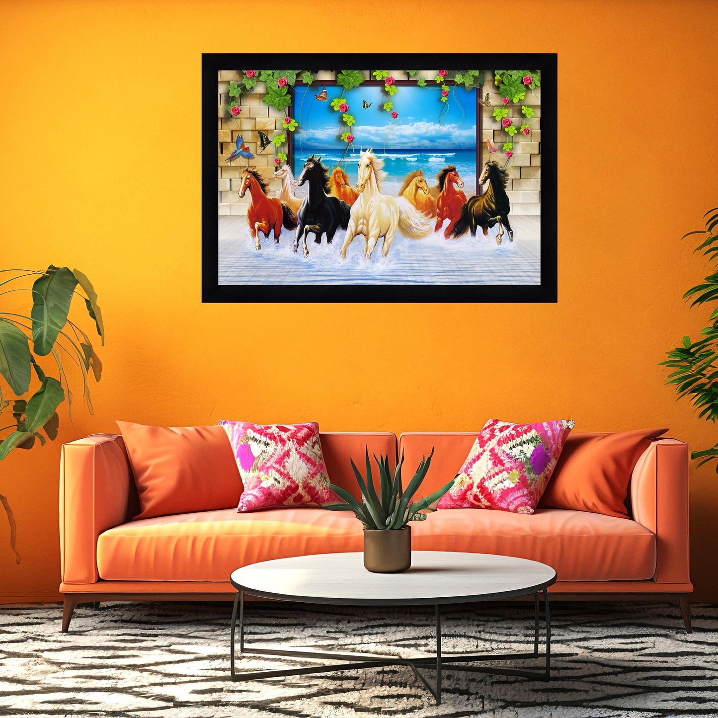 Indianara Vastu Running Seven Horse Painting With Frame 18 Inches X 12 Inches (Style1)
