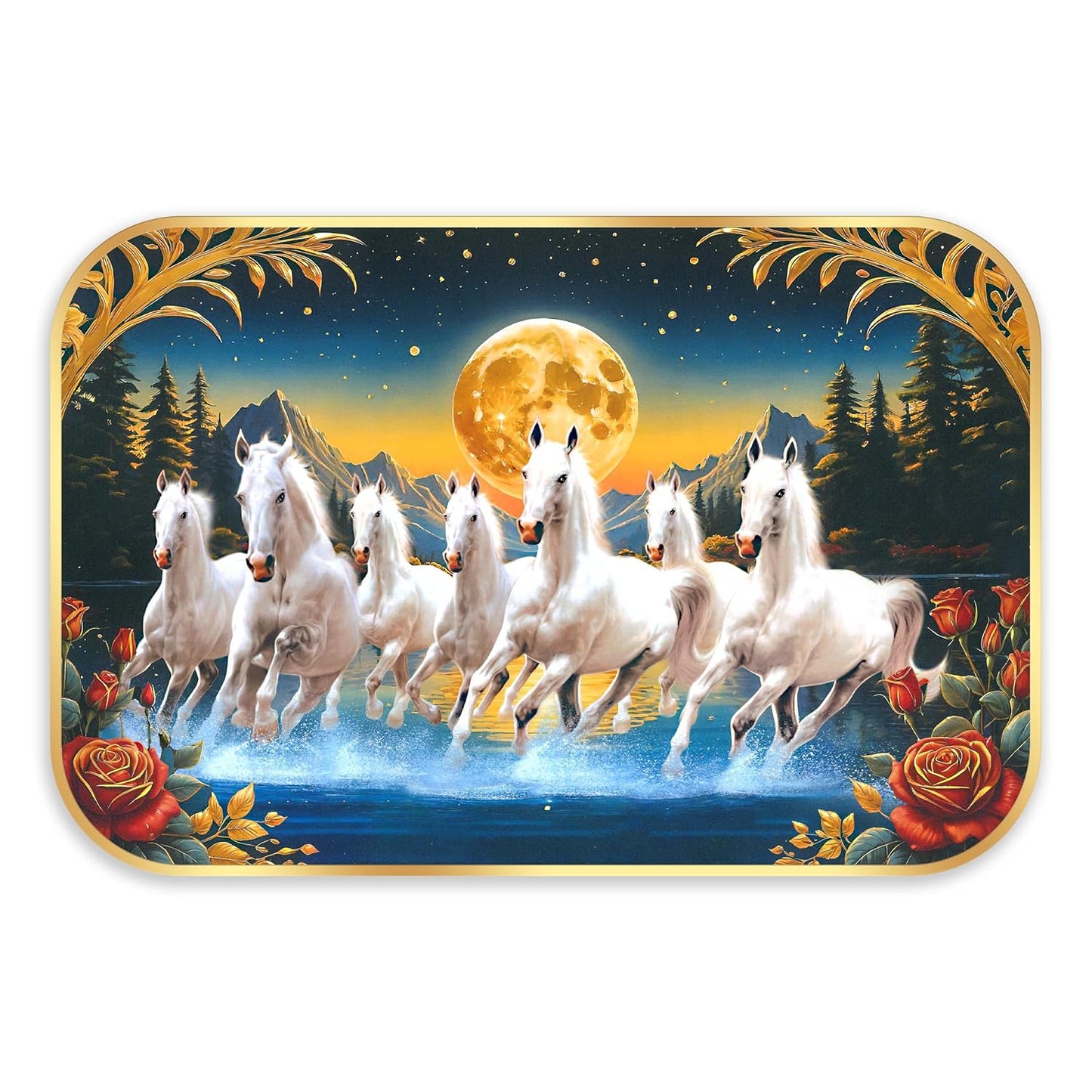 Indianara Seven Running White Horses Wall Art, Gold Frame, Night Scene with Moon, 45 x 30 cm (10914)