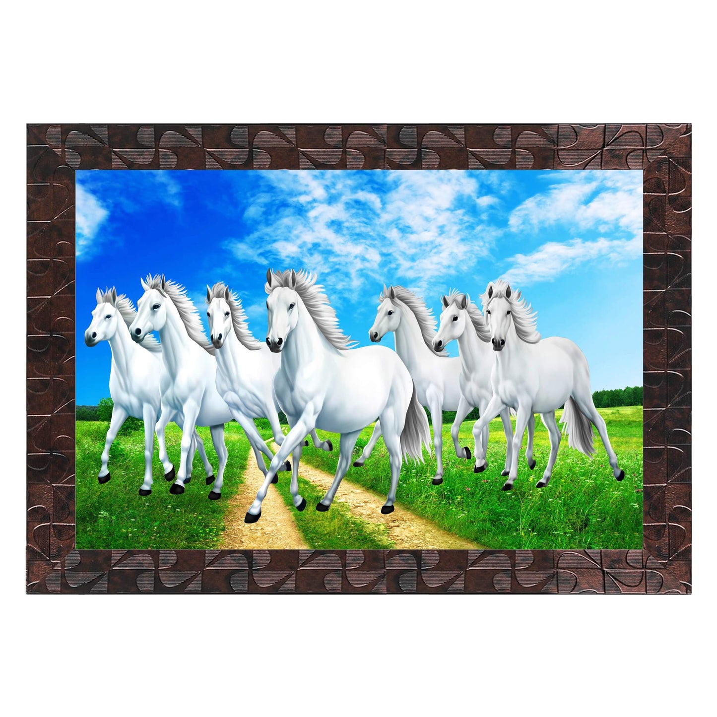 Indianara Vastu Runing Seven Horses Painting With Frame 13 Inches X 10 Inches (Style 1)
