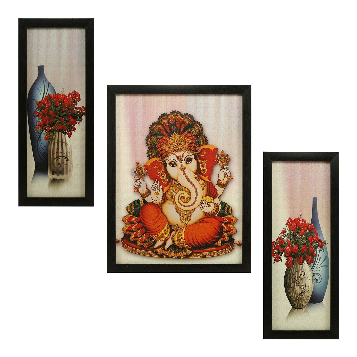 Indianara 3 PC Set of Lord Ganesha Paintings (1164) Without Glass 5.2 X 12.5, 9.5 X 12.5, 5.2 X 12.5 INCH-Multicolour