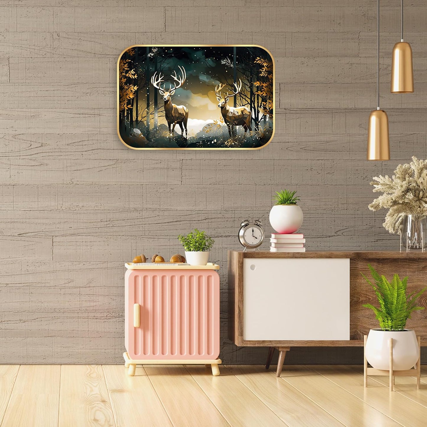 Indianara Whitetail Deer Forest Scene Wall Art, Golden Frame, Digital Print with Matte Finish, 45 x 30 cm