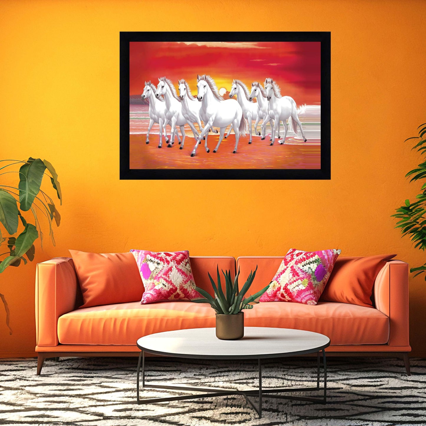 Indianara Vastu Running Seven Horse Painting With Frame 18 Inches X 12 Inches (Style1)
