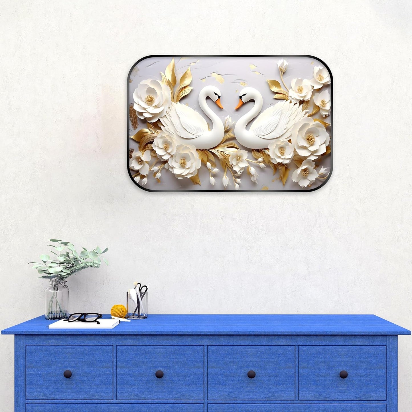Indianara White Pair of Swan and Roses Digital Wall Art Print, Black Frame, 45 x 30 cm, Nature Theme, Landscape Orientation
