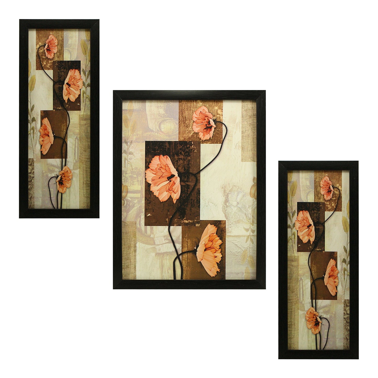 Indianara 3 Pc Set of Floral Paintings (1056) Without Glass 5.2 X 12.5, 9.5 X 12.5, 5.2 X 12.5 Inch-Multicolour