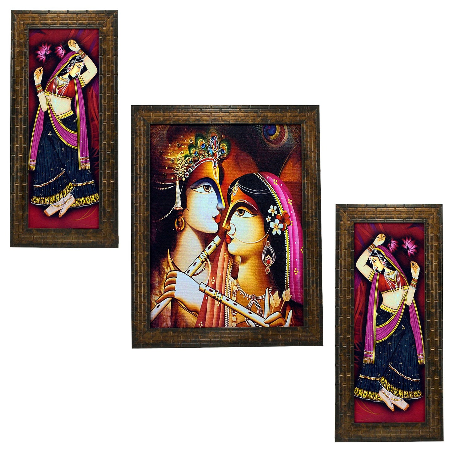 Indianara 3 PC Set of Radha Krishna Art Paintings (1170) Without Glass 5.2 X 12.5, 9.5 X 12.5, 5.2 X 12.5 inch(multicolor1170)