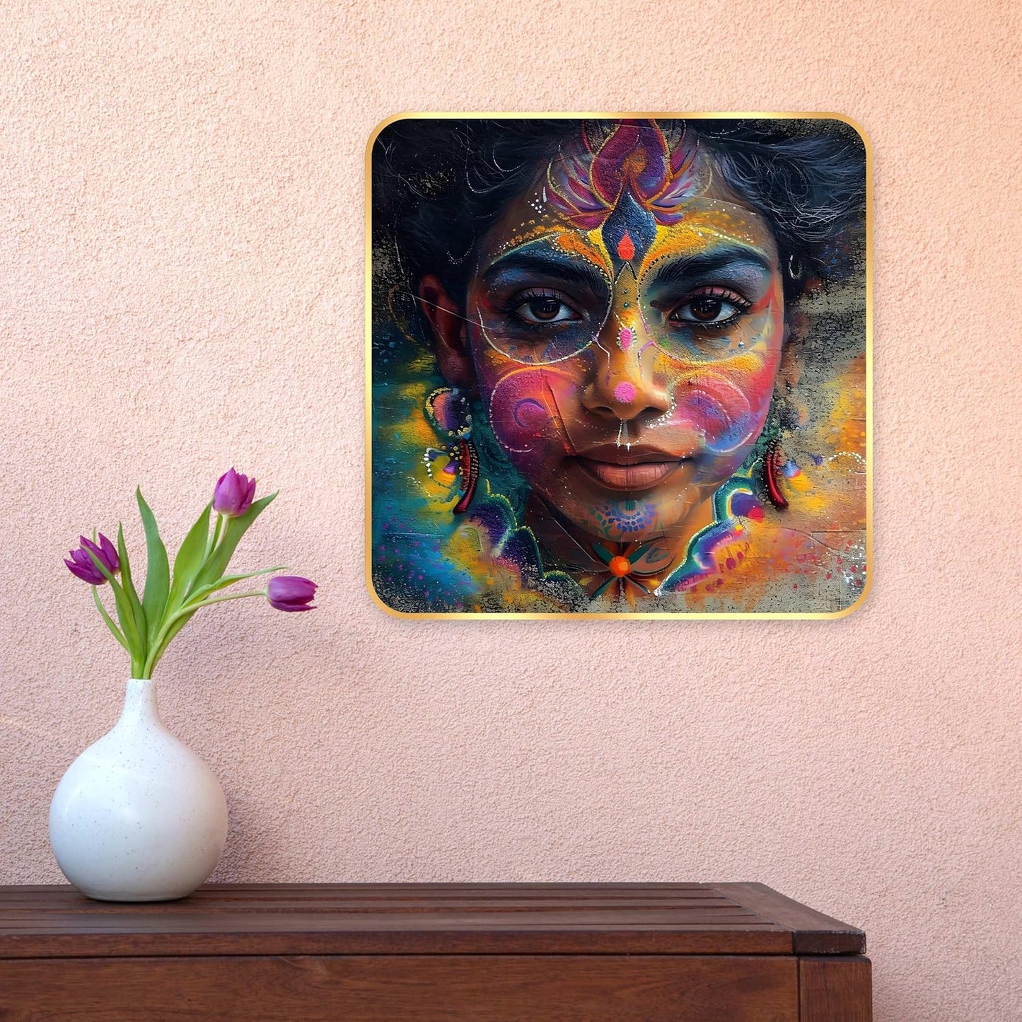 Indianara Beautiful Indian Woman Art Print with Golden Frame, Traditional Portrait, 40 cm x 40 cm, Premium Sparkle Lamination (6605)