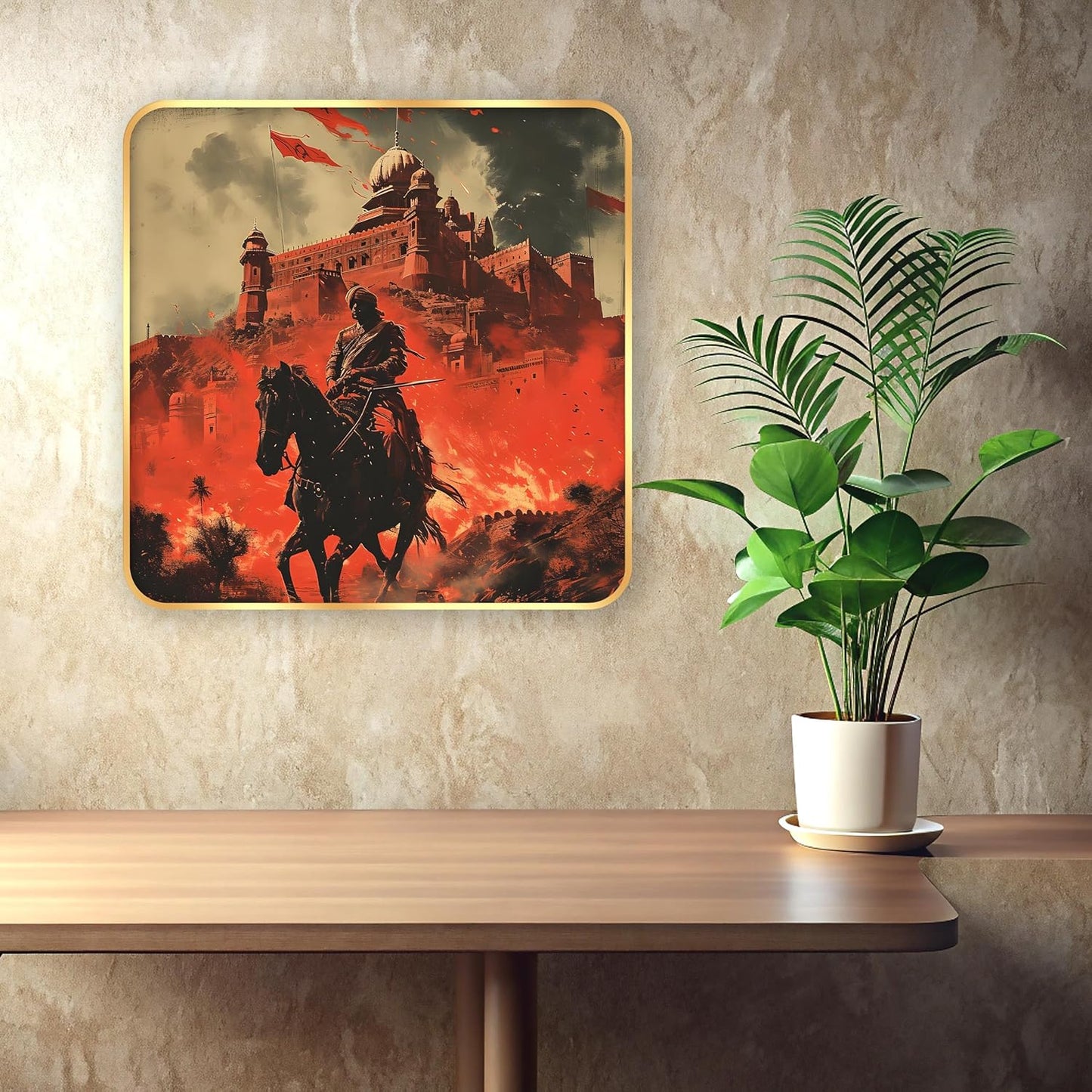 Indianara Historic Battle Scene Wall Art, Digital Print with Golden Frame, Premium Sparkle Lamination, 40 cm x 40 cm, (6608)