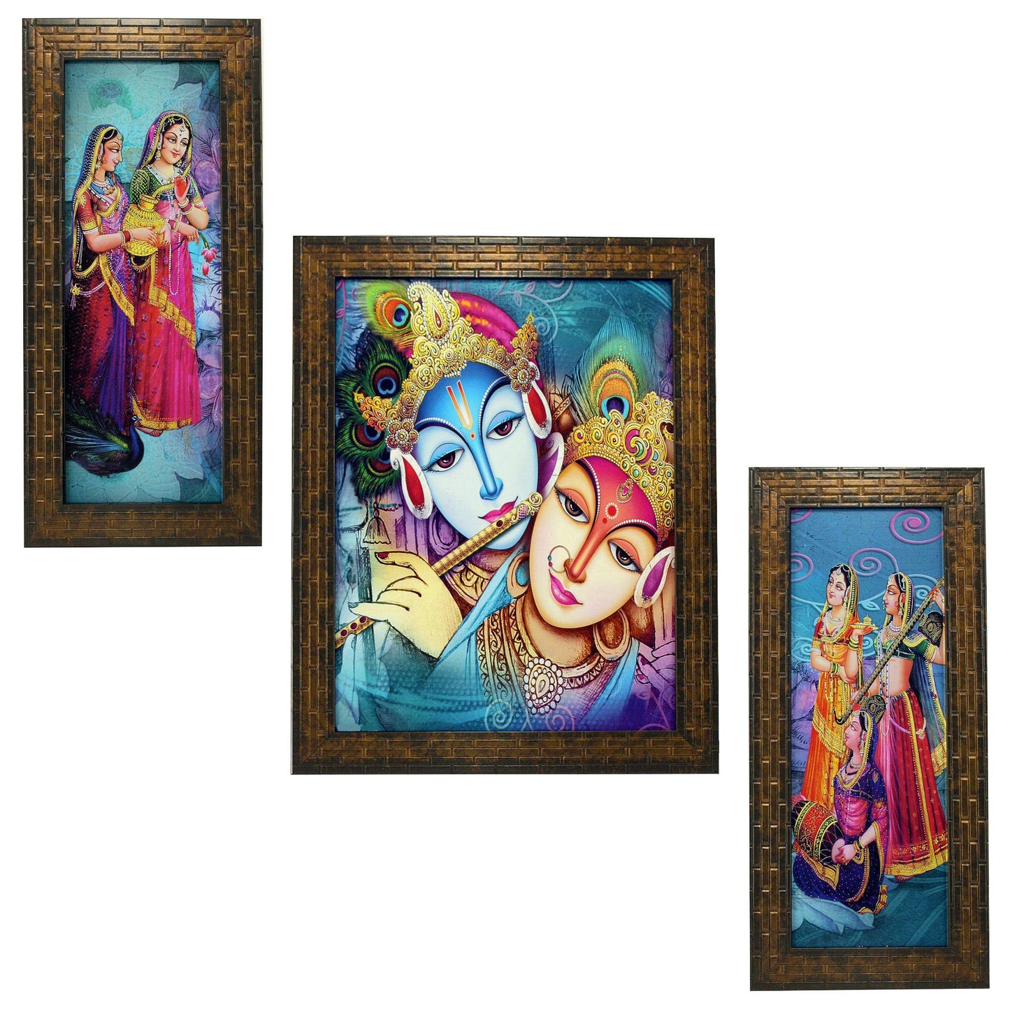 Indianara 3 PC Set of Radha Krishna Art Paintings (1170) Without Glass 5.2 X 12.5, 9.5 X 12.5, 5.2 X 12.5 inch(multicolor1170)