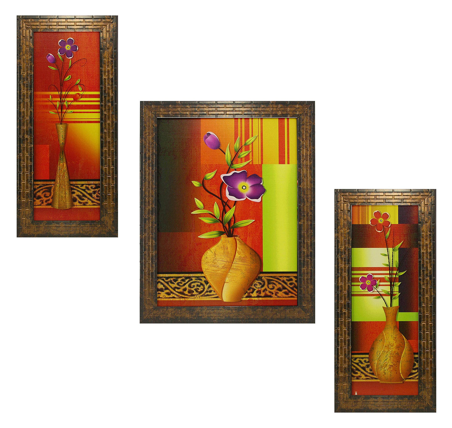 Indianara 3 Pc Set Of Still Life Paintings Without Glass 5.2 X 12.5, 9.5 X 12.5, 5.2 X 12.5 Inch (6 X 13, 10.2 X 13, 6 X 13 INCH, Brown)