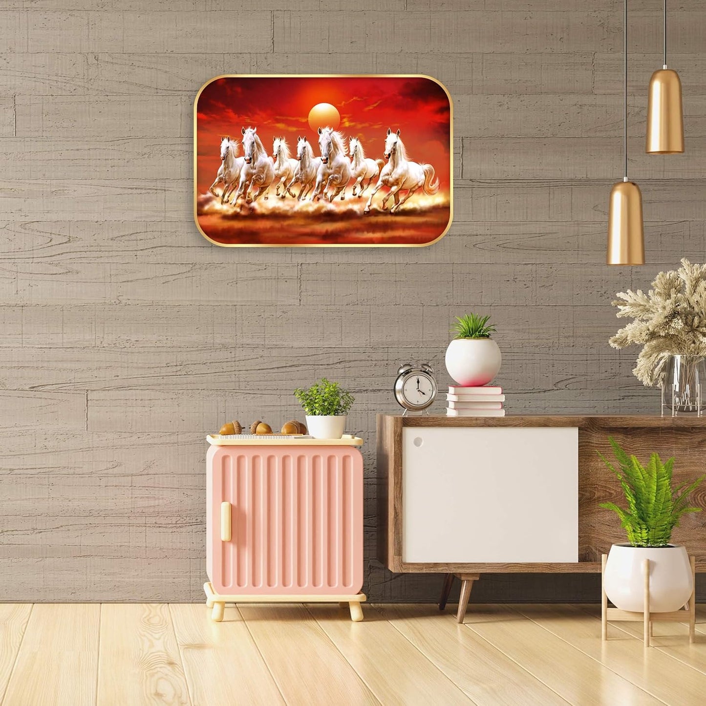 Indianara Seven Running White Horses Vastu Wall Art, Gold Frame, Digital Print, 45 x 30 cm (10927)