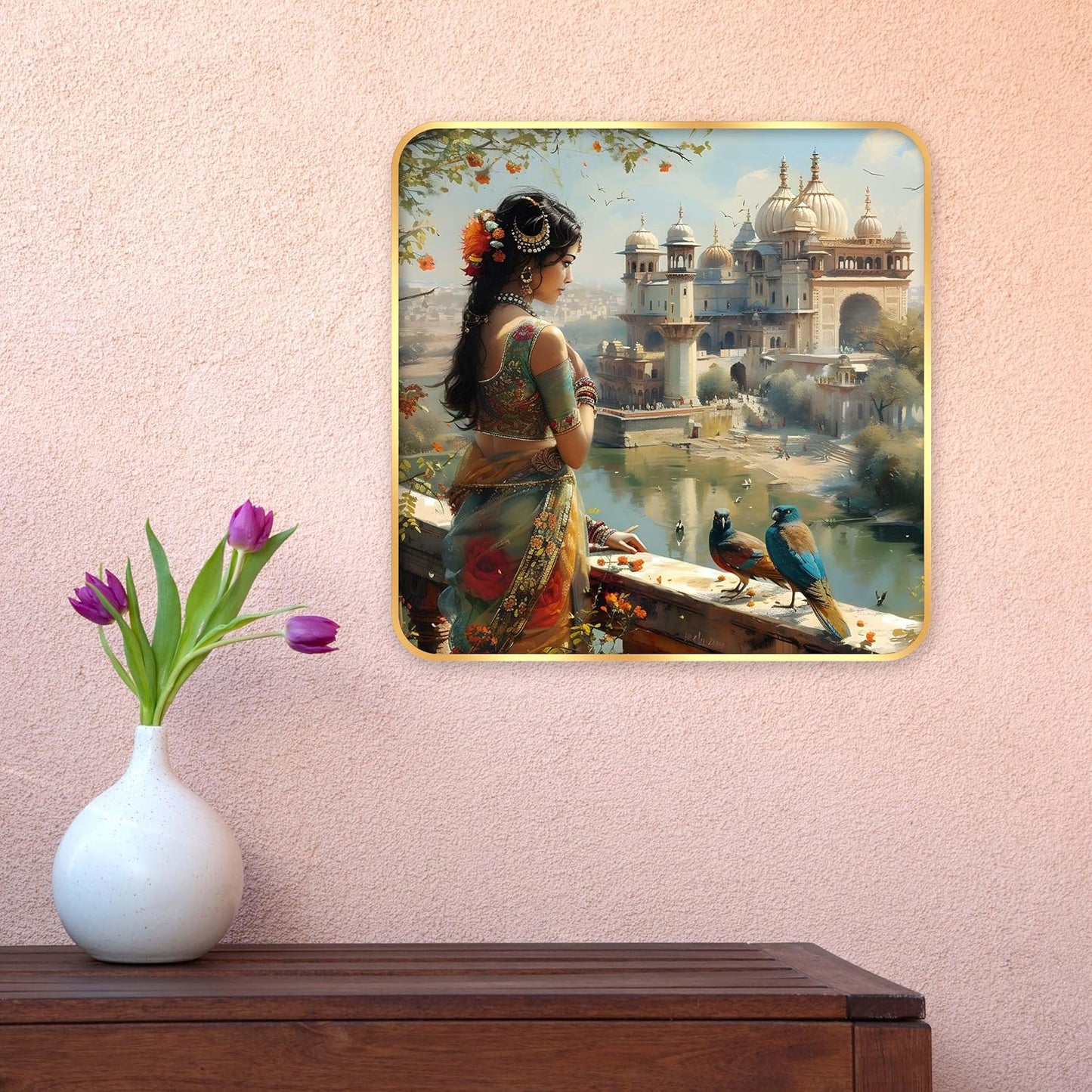 Indianara Beautiful Indian Woman Art Print with Golden Frame, Traditional Portrait, 40 cm x 40 cm, Premium Sparkle Lamination (6607)