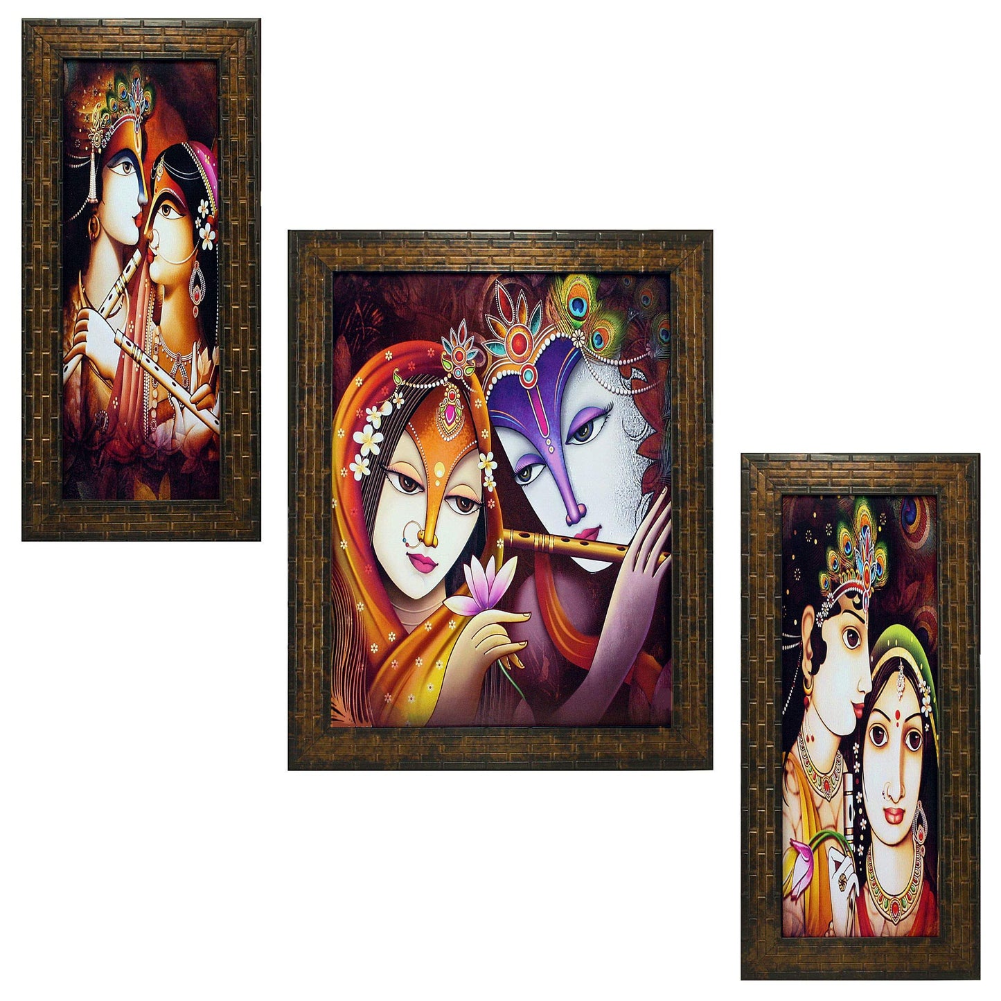 Indianara 3 PC Set of Radha Krishna Art Paintings (1170) Without Glass 5.2 X 12.5, 9.5 X 12.5, 5.2 X 12.5 inch(multicolor1170)