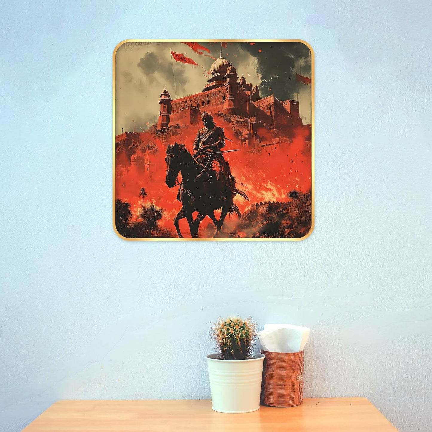 Indianara Historic Battle Scene Wall Art, Digital Print with Golden Frame, Premium Sparkle Lamination, 40 cm x 40 cm, (6608)