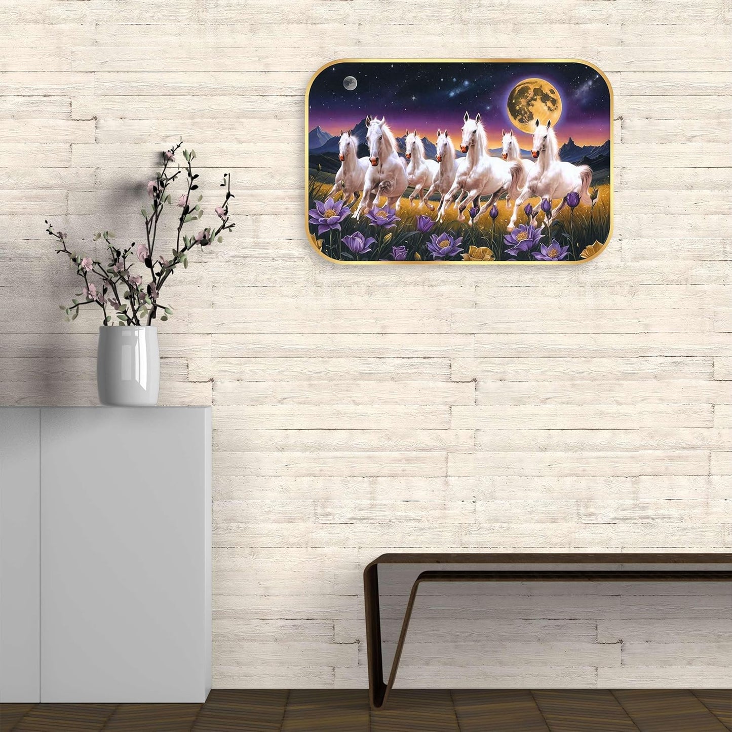 Indianara Seven Running White Horses Wall Art, Gold Frame, Night Scene with Purple Flowers, 45 x 30 cm (10911)